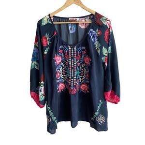 Johnny Was Rosey Embroidered Floral Semi-Sheer Top S